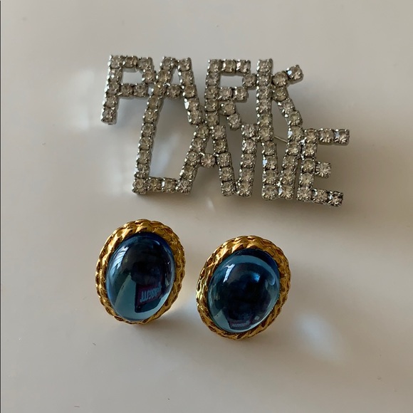 Vintage Park Lane blue Cabochon Earrings and silver rhinestone Brooch - Picture 1 of 2